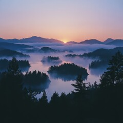 Serene sunrise over misty lake nature landscape early morning tranquil environment aerial view