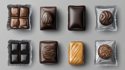 Obraz premium Candy foil package mockup. Realistic 3d vector illustration set of sweet dessert pack. template of blank grey polyethylene wrapper packet for chocolate, waffle and bonbon caramel confectionery.