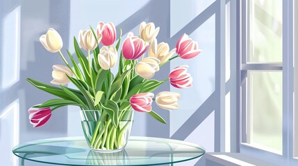Elegant Tulip Bouquet on Modern Glass Table - Flat Vector Illustration for Floral Design Inspirations in Home Decor