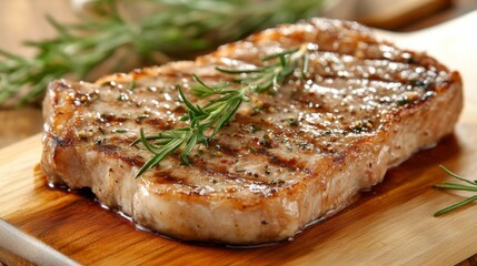 A close-up of a seared New York strip steak on a cutting board, with the crispy edges and tender interior clearly visible under soft lighting