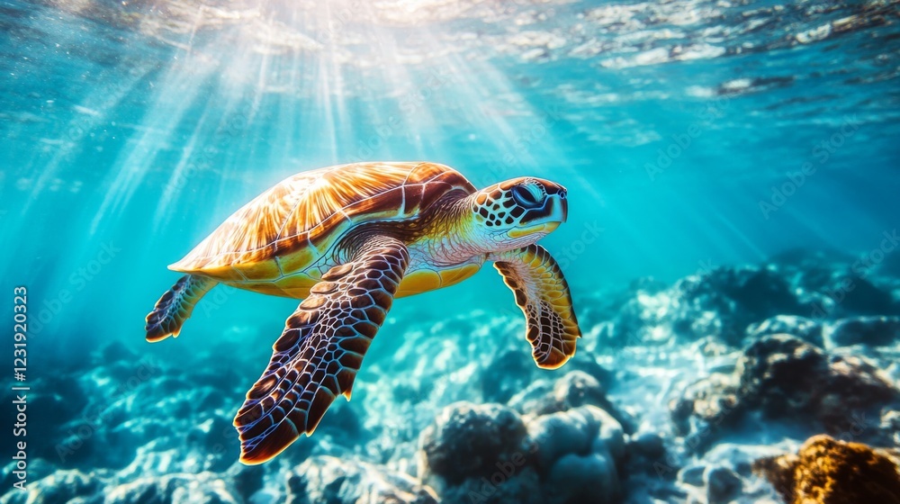 Poster a close-up of a sea turtle gliding gracefully through crystal-clear ocean waters, with sunlight filt