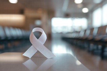 White Awareness Ribbon in a Hospital Waiting Area.
