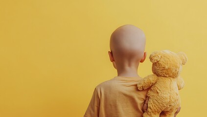 Child with Bald Head and Teddy Bear Against a Yellow Background.