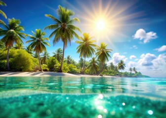 Naklejka premium Escape to paradise: stunning bokeh, crystal-clear water, and pristine white sand await.