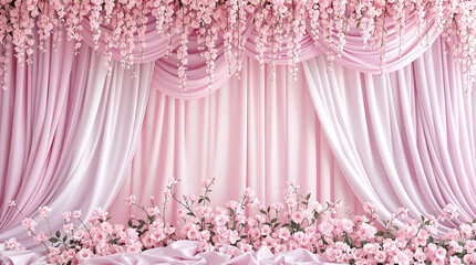 Pink princess party background with soft drapes and floral accents. Ideal for birthday celebrations, girl-themed events, or creating a whimsical, feminine atmosphere.

