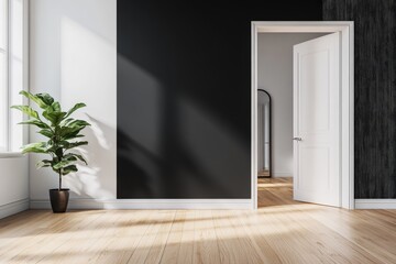 Sunlit minimalist room interior with open door, hardwood floor, black wall, and fiddle leaf fig.