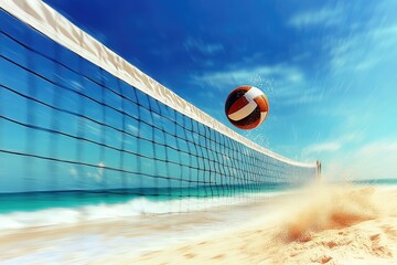 A volleyball flying over the net in an intense beach match, with the sand and sea in the background.