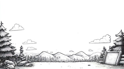 Obraz premium Black and white drawing of a forest landscape with mountains in the background, clouds in the sky, and a wooden sign on the right.