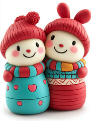 Adorable snowman and bunny couple, winter attire, hearts.