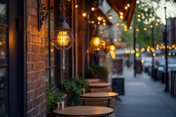 A row of tables and chairs outside a restaurant, perfect for casual dining or outdoor events