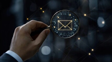 Exploring email communication through a magnifying glass in a digital environment showcasing modern technology trends