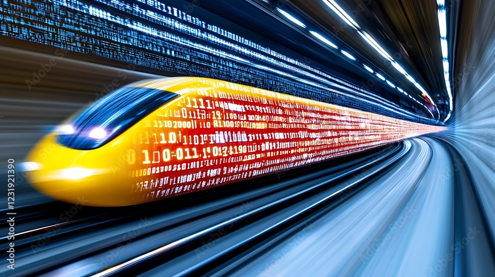 Poster high-speed train speeding through a tunnel, illuminated with binary code.