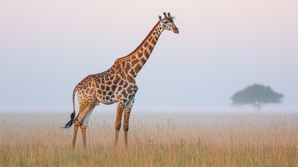 Obraz premium Giraffe grazing at sunrise african savanna wildlife photography natural habitat wide angle serenity