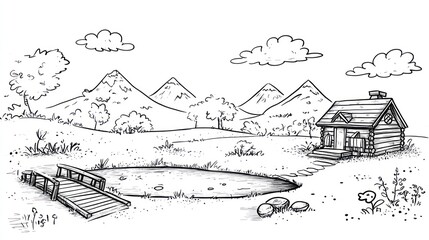 Fototapeta premium Black and white line drawing illustration of a small cabin in a mountain valley with a pond and a bridge.