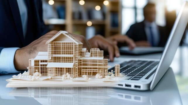 Architect designs a building model on a desk while collaborating with a team in a contemporary office environment