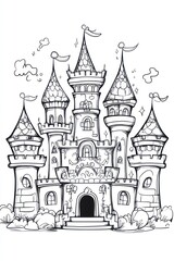Obraz premium Black and white line drawing of a fairytale castle with multiple towers and a large front door.