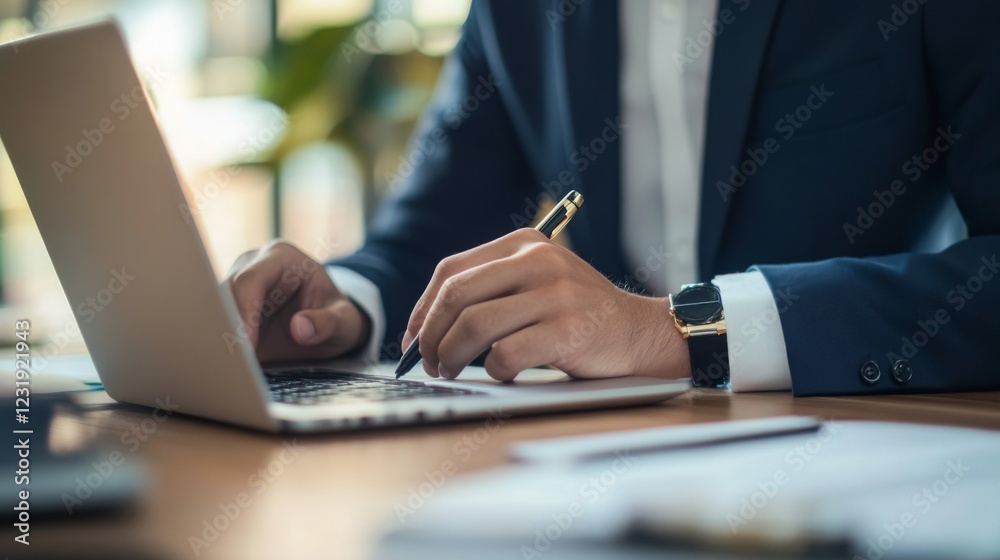 Aufkleber a close-up of a young businessman using a laptop and taking notes during a business meeting, showcas