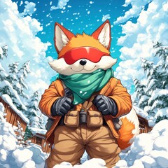 Adventurous Fox Character in Winter Wonderland Snowy Landscape Hiking in the Mountains Wearing Warm Outfit