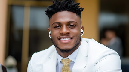 Obraz premium A cheerful man dressed in a crisp white suit is seated confidently in a contemporary environment, wearing earbuds during a lively social gathering