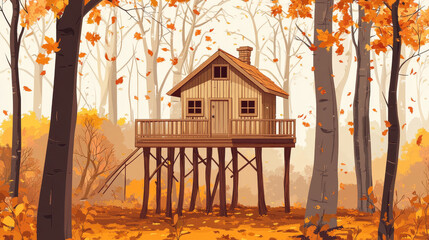 Wooden stilt house in autumn forest. Old shack with terrace on piles in sunny wood with fall bare trees without foliage around. Uninhabited forester hut, pc game background Cartoon vector illustration