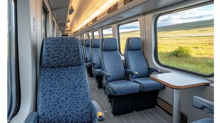 Spacious train interior with comfortable seating while traveling through scenic landscapes in the countryside