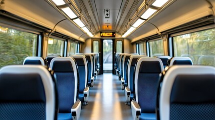 Empty train interior showcasing modern seating and abundant natural light during midday transit in an urban area