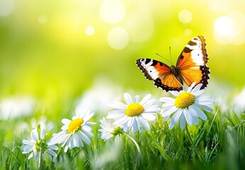 Butterfly on Daisies in Sunny Meadow Spring Nature Image