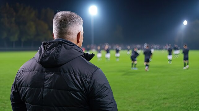 Coach observes players during a nighttime training session on a well-lit soccer field in a local sports complex