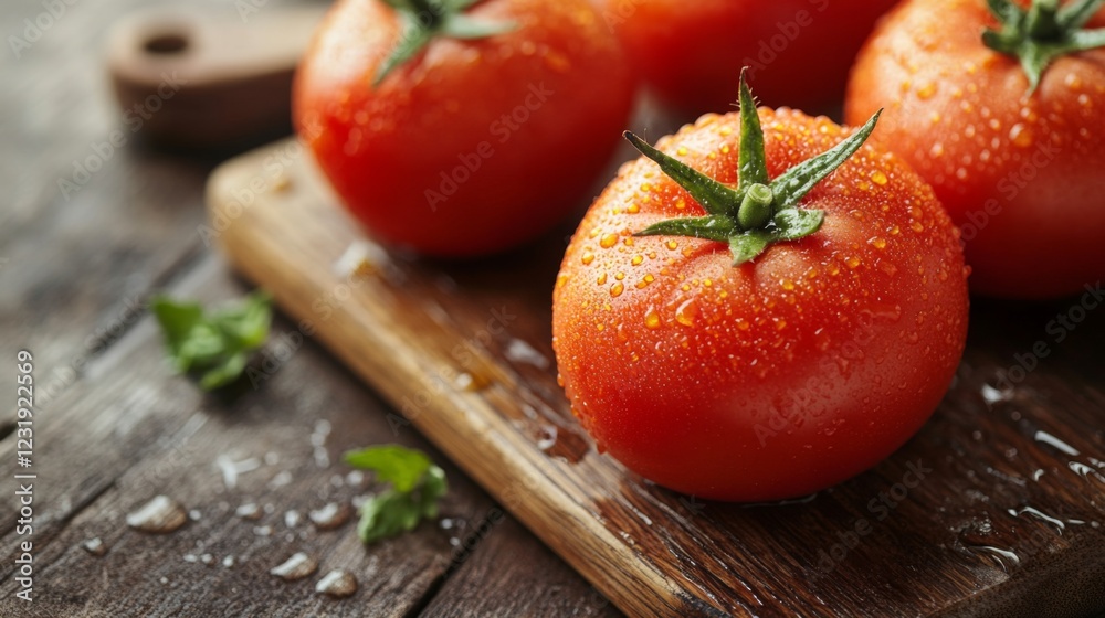 Poster a close-up of fresh, ripe tomatoes with droplets of water on their surface, arranged on a rustic woo