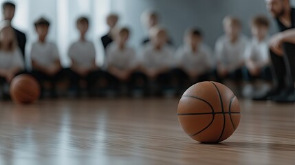 Naklejka premium A basketball rolls across the smooth gym floor as participants watch closely, fully engaged during their practice session