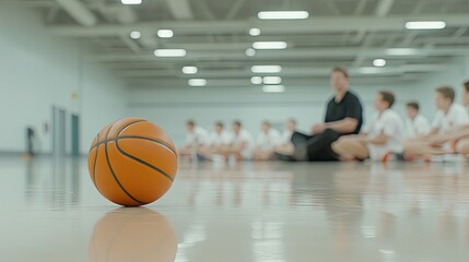 A group of young basketball players gathers in an indoor gym for a training session, where their dedicated coach provides valuable instructions
