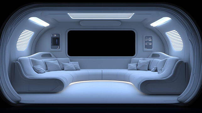 Futuristic spaceship lounge interior, curved seating, calm background