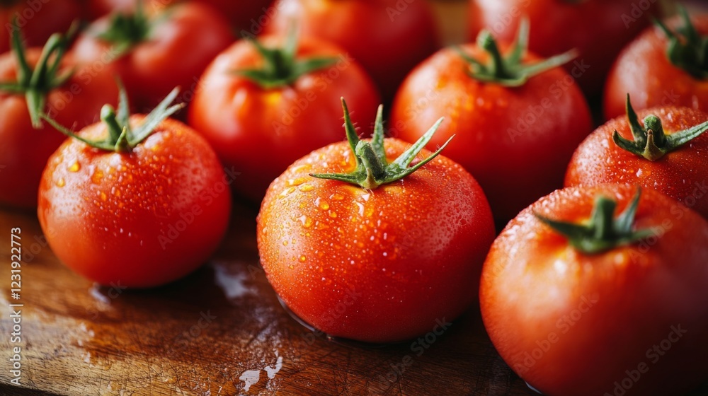 Poster a close-up of fresh, ripe tomatoes with droplets of water on their surface, arranged on a rustic woo