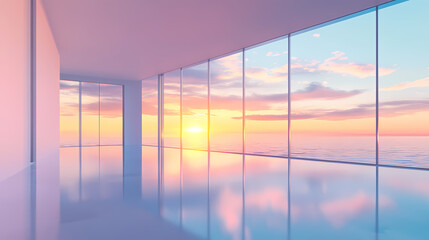 Fototapeta premium Modern Seaside Room Bathed in Sunset Glow