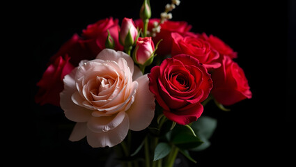 Fototapeta premium A romantic Valentine's bouquet with a mix of soft pink and red ranunculus flowers, elegantly arranged with sprigs of eucalyptus and a few touches of gold foil, set against a mysterious black backdrop