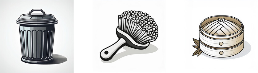 A grayscale illustration shows a trash can, a brush, and a steamer basket.  Cleanliness, disposal, and food preparation are depicted.