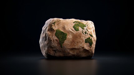 Earth on a Rock: The world map artfully etched onto a rugged stone, showcasing our planet's continents. A compelling image symbolizing the Earth and its natural resources.