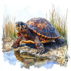 Obraz premium Watercolor painting of a turtle near water's edge, marsh grasses in background.