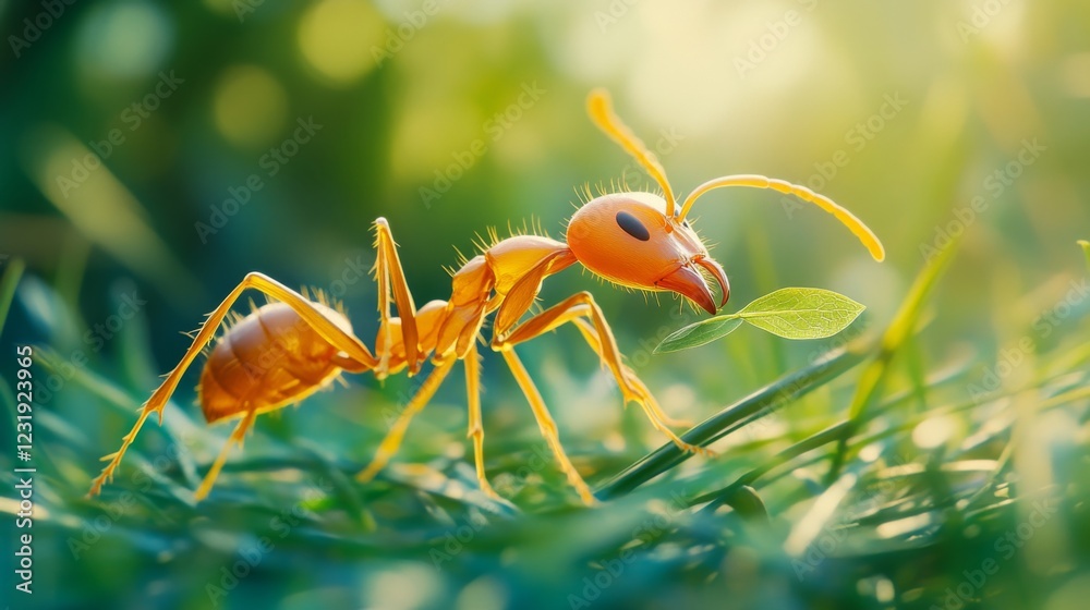 Poster a close-up view of an ant carrying a tiny leaf, showcasing its intricate body structure and details,