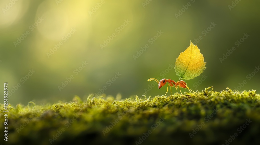 Poster a close-up view of an ant carrying a tiny leaf, showcasing its intricate body structure and details,
