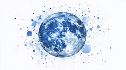 Artistic representation of a full moon with blue splashes and starry effects on a white background