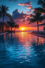 Serene sunset over a tranquil pool, palm trees swaying, reflecting vibrant colors