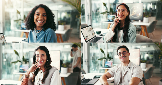 Happy people, creative or portrait in office collage for business, teamwork or about us. Employees, smile or tech in digital agency for web development, diversity or design collaboration in composite - Powered by Adobe