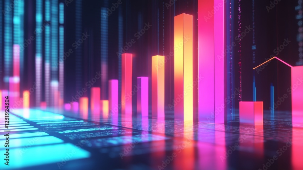Aufkleber a colorful d bar chart with tall, gradient-colored bars rising from a digital financial dashboard, w