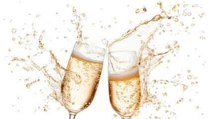 Two champagne glasses toasting and splashing on transparent background