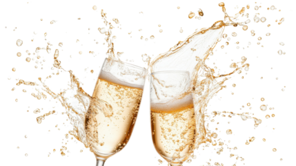 Two champagne glasses toasting and splashing on transparent background