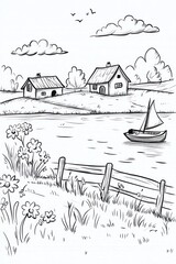 Naklejka premium Hand drawn illustration of a peaceful lake with two houses, a sailboat and a wooden fence.