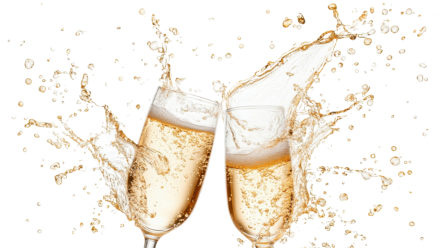 Two champagne glasses toasting and splashing on transparent background