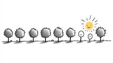 Hand drawn illustration of a row of trees, with a smiling sun shining on two trees, signifying positivity and happiness.