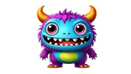 Fototapeta premium Adorable cartoon monster with purple fur, orange horns, and a big smile, perfect for kids' content or playful branding.